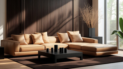 AI Generative. 3d render of living room and camel colored sofa design with fluted wood panel  background. 35