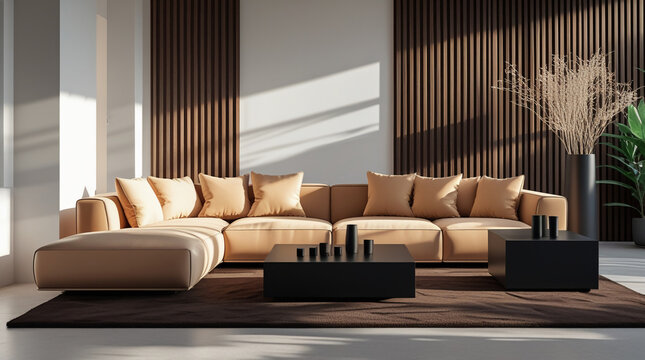 AI Generative. 3d render of living room and camel colored sofa design with fluted wood panel  background. 36