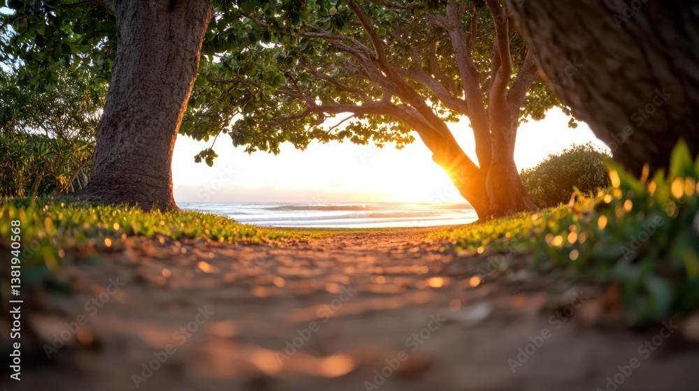 Aufkleber pathway leading to the ocean at sunset sunlight through the trees creating a warm atmosphere