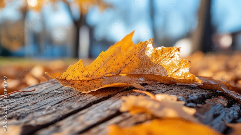 Aufkleber Close up of an autumn leaf covered in frost on a wooden surface with blurred trees in the background creating a shallow depth of field and golden lighting