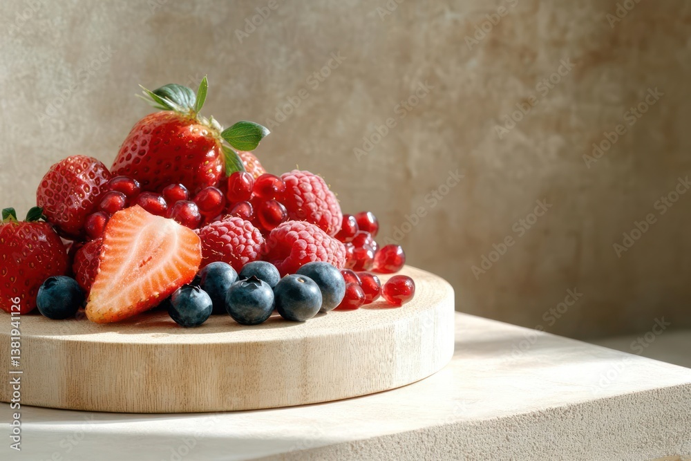 Aufkleber pile of assorted vibrant fresh berries like strawberries raspberries blueberries and red currants ar