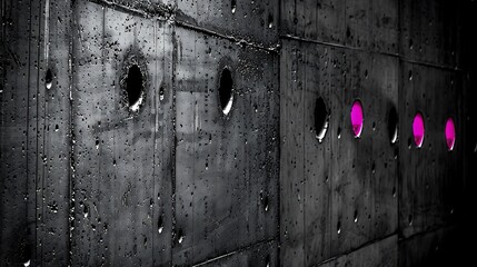 A textured concrete wall with several circular openings and pink lights