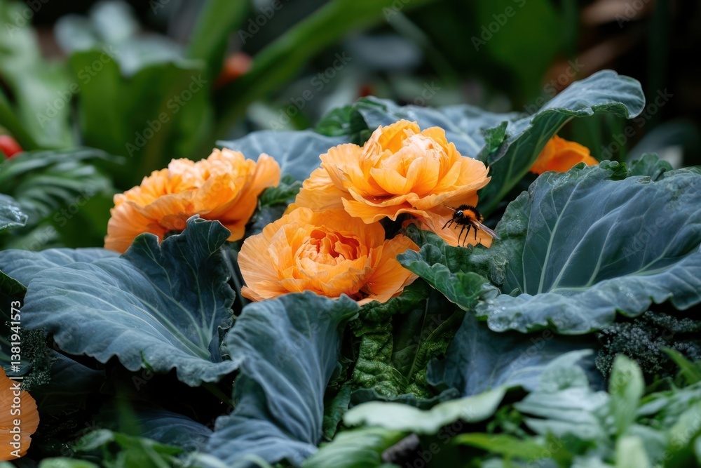 Poster close up of vibrant orange flowers with textured petals surrounded by large green leaves and other f