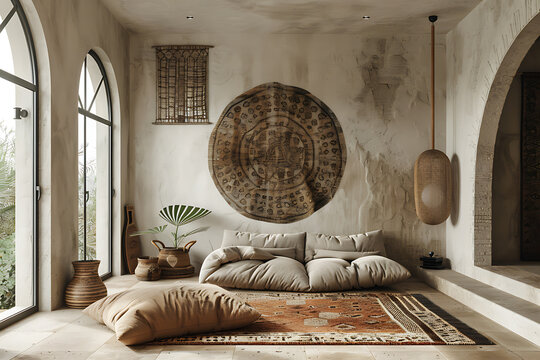 cultural fusion, combine diverse textiles and minimalist shapes for a cohesive, eclectic vibe that captures a blend of cultures and eras in one space