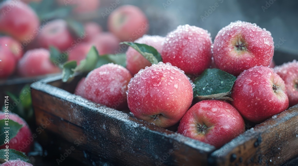 Poster close-up of red fruits with sugar dusting in a wooden crate with green leaves. focus on the front ro