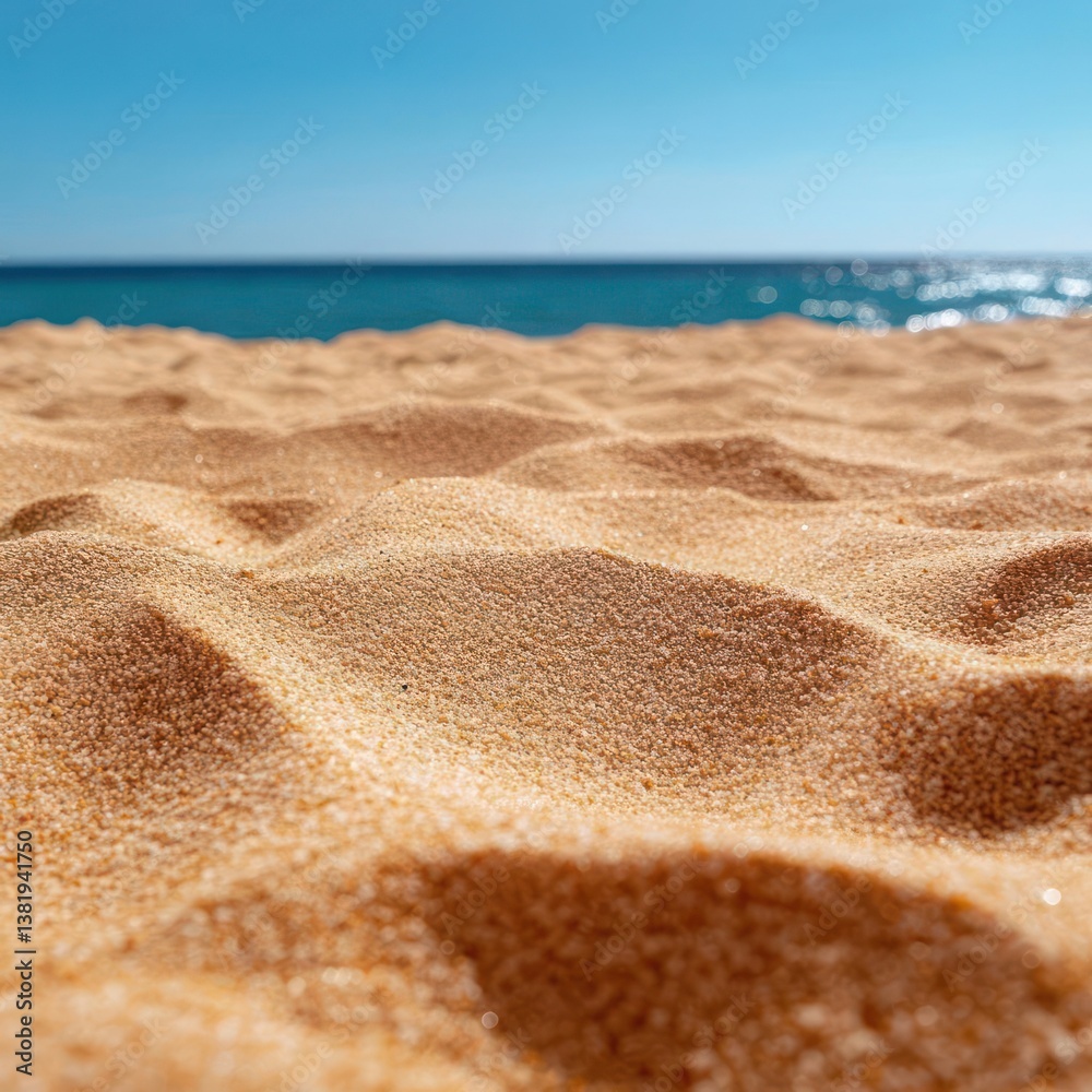 Aufkleber close-up view of golden sand grains at a beach with turquoise ocean and clear sky in the background