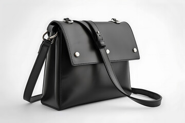 fashion photography, a stylish black leather bag with polished hardware and removable shoulder strap, showcased in a professional setting on a clean white background its classic dimensions are x