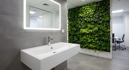 Modern office restroom with green wall.