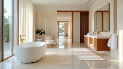 Luxury bathroom with a freestanding white bathtub gold fixtures double vanity and large windows offering natural light