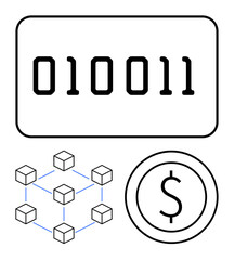 Binary number, interconnected blockchain cubes, and coin outline with dollar inside highlight digital currency, programming, decentralization, and fintech. Ideal for blockchain, finance, technology