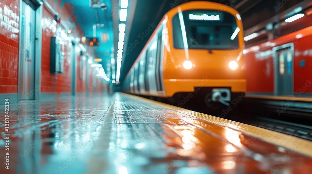 Poster generic train in an underground station with red and blue walls. bright lights illuminate the scene 