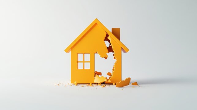 Yellow house model with large hole and debris on white background