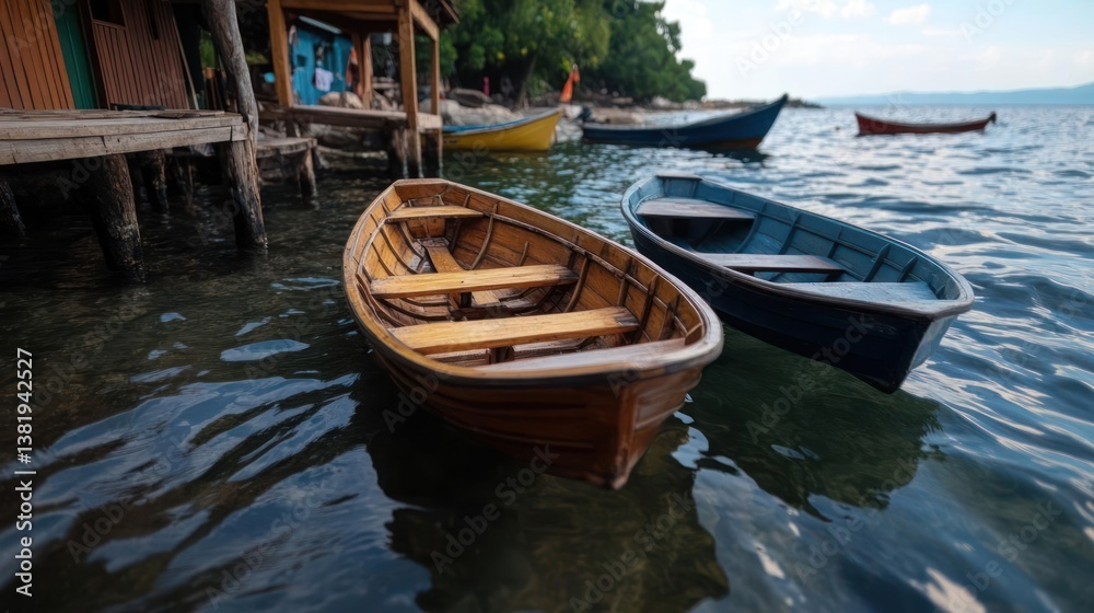 Aufkleber wooden boats floating on shimmering water near a rustic waterfront structure with lush greenery and 