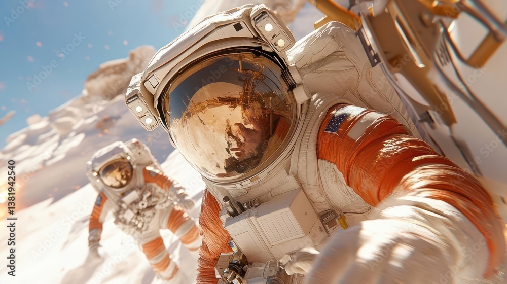 Poster two individuals in pixelated space suits amidst a snowy or rocky landscape experiencing a dynamic mo