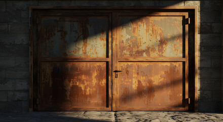 Rusted metal warehouse door with faded industrial markings and soft morning light.