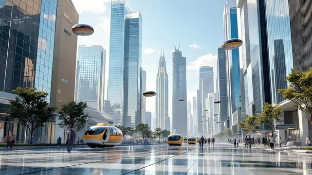 A bustling city of the future featuring flying cars, futuristic buildings, and high-tech street life. An energetic blend of innovation, smart systems, and mobility.
