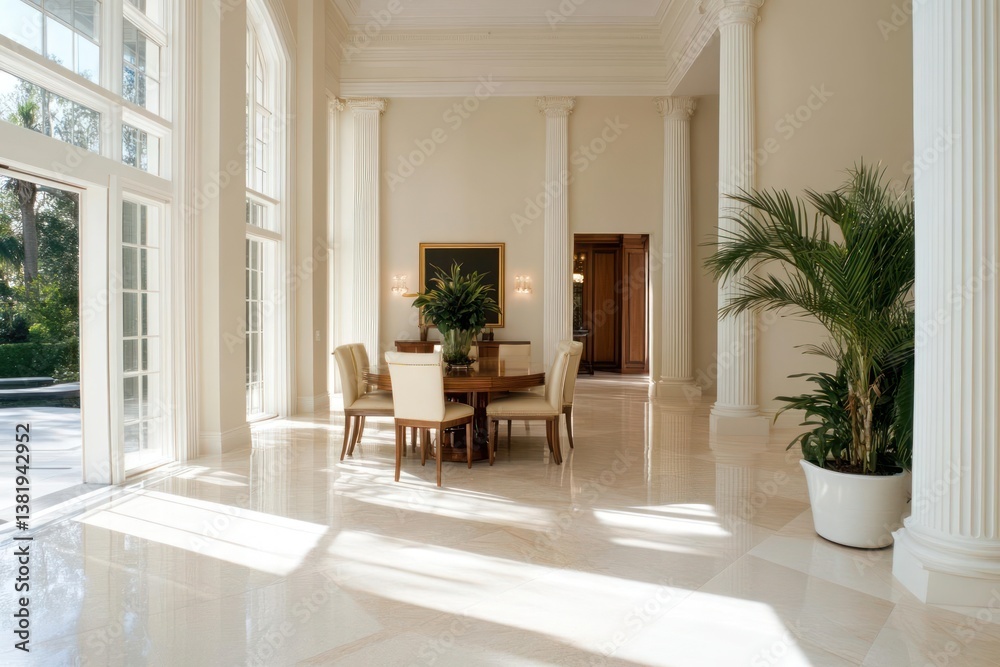 Fototapete spacious interior with a dining set elegant columns and large windows. sunlight streams through the 