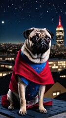 Superhero Dog Overlooking the City at Night from Rooftop