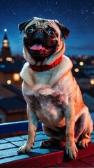 Superhero Dog Overlooking the City at Night from Rooftop