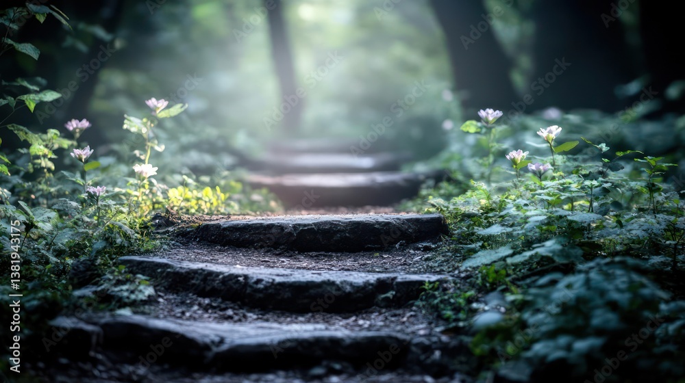 Aufkleber stone steps path through lush green forest with dappled sunlight illuminating the way and wild flowe