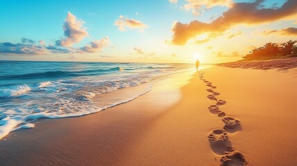 Person Walking on Beach at Sunset Leaving Footprints