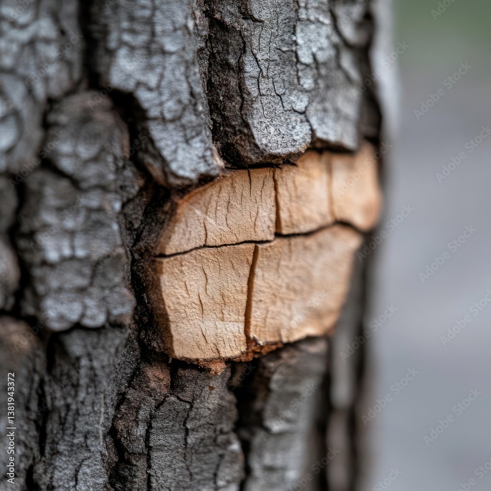 Poster close up of tree bark texture with a patch of light brown wood contrasted against dark gray and blac