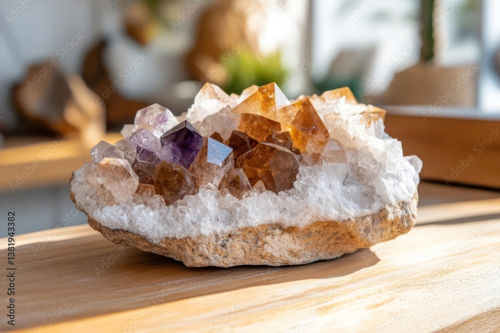 Poster close up view of a colorful quartz crystal cluster in warm lighting on a wooden surface with blurred