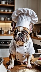 Dog Chef in Kitchen Wearing White Uniform and Hat