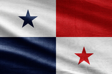 National flag of Panama waving with realistic fabric texture, quadrant design with red and blue stars.