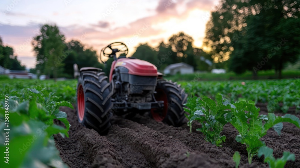 Poster generic scene of a tractor in an agricultural field at sunset with plants and trees in the backgroun