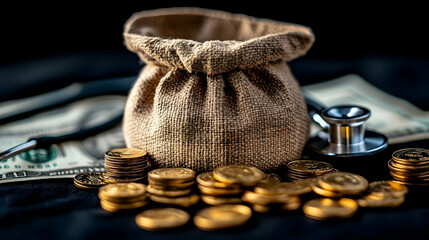 Obraz premium Money Bag, Stethoscope, Financial Health, Concept, Focus, Dark Background