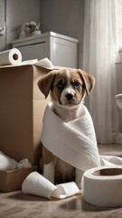 puppy playing with toilet paper