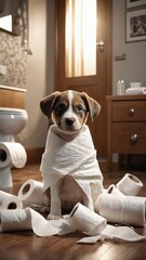 puppy playing with toilet paper