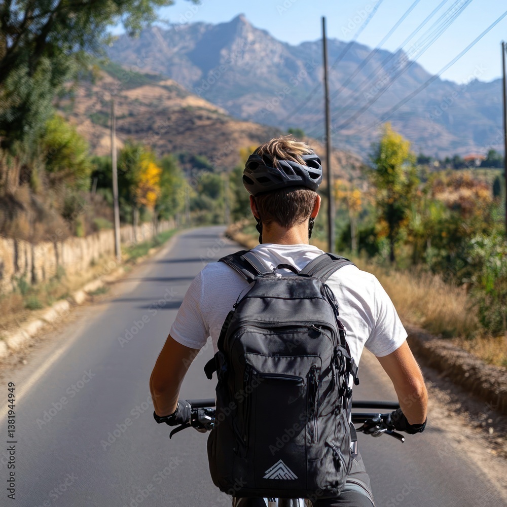Poster cyclist riding bicycle on paved road with mountain backdrop wearing helmet and backpack under sunny 