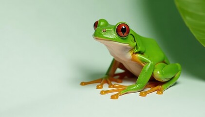 Naklejka premium Green tree frog perched on white, vibrant skin, texture, skin, animal photography