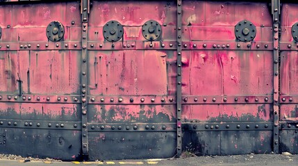 Weathered and riveted red metal wall with circular attachments