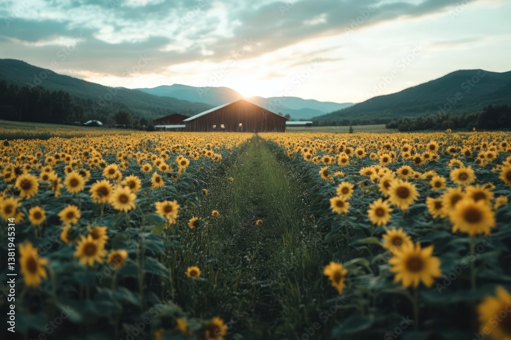 Poster Generic field at sunset with a barn in the distance mountains in the backdrop warm sunlight creating a peaceful rural atmosphere