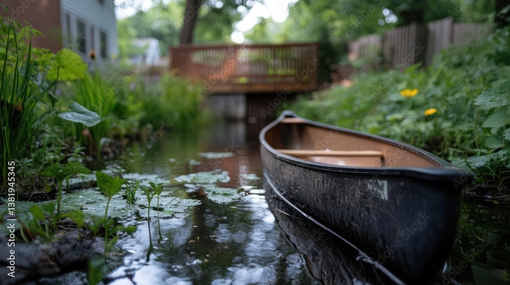 Poster a canoe floats in a stream surrounded by lush greenery with a wooden bridge and houses in the backgr