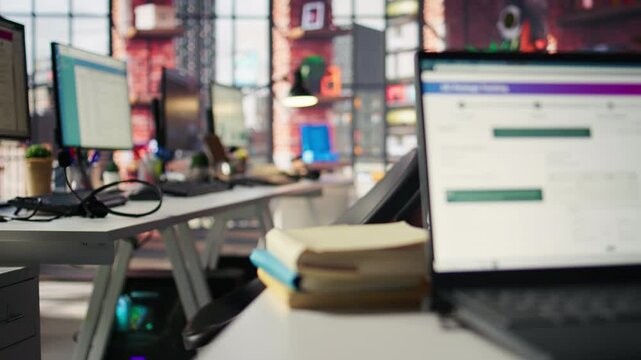 Package tracking software displayed on laptop screen in call center logistics department. Notebook in office showing app doing parcels shipment monitoring, searching for items lost in transit