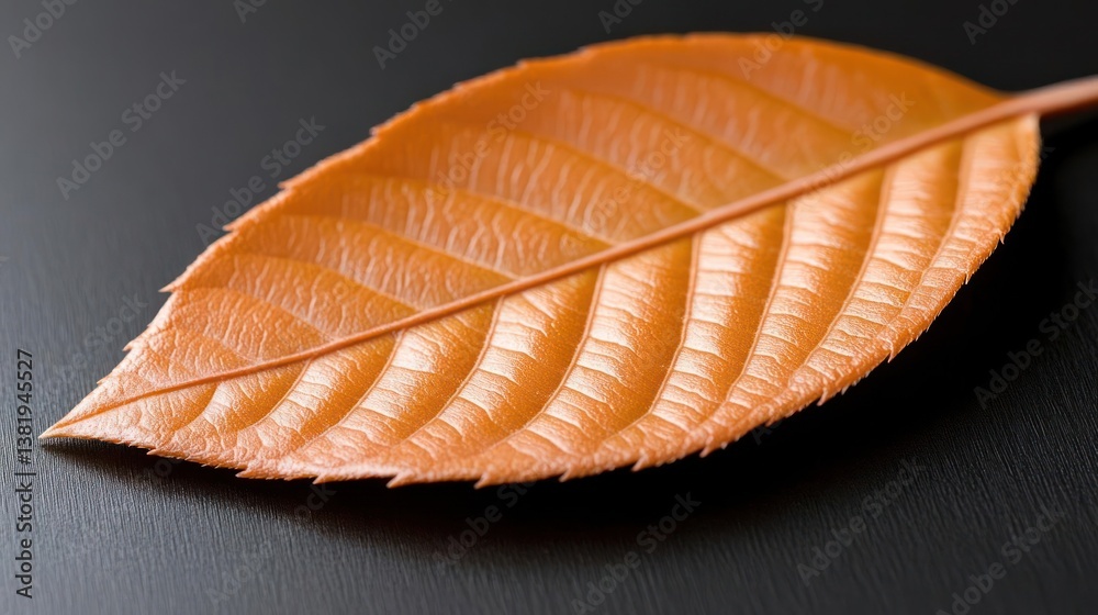 Leinwandbilder Close up shot of a single orange leaf with detailed veins and texture against a dark reflective surface with shallow depth of field