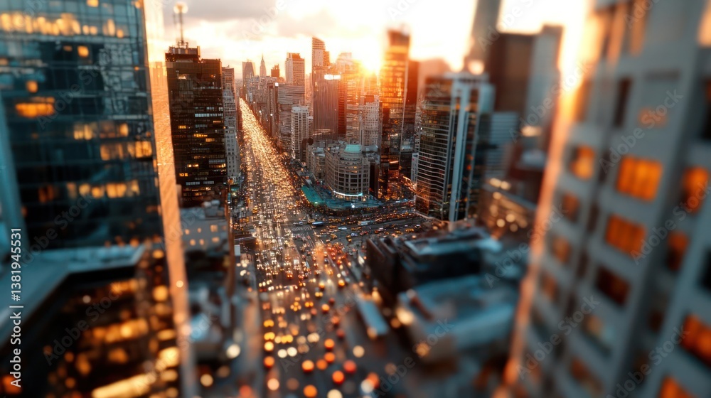 Poster high angle cityscape view at sunset with buildings and traffic creating an orange glow atmosphere