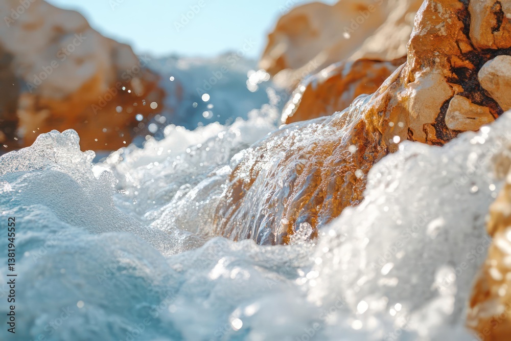 Poster Close-up of water cascading over rocks with sunlight creating sparkling highlights and a sense of movement