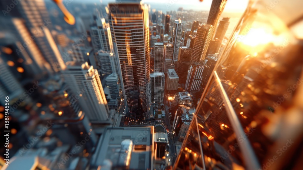 Aufkleber aerial cityscape view showcasing tall buildings bathed in warm sunlight with a shallow depth of fiel