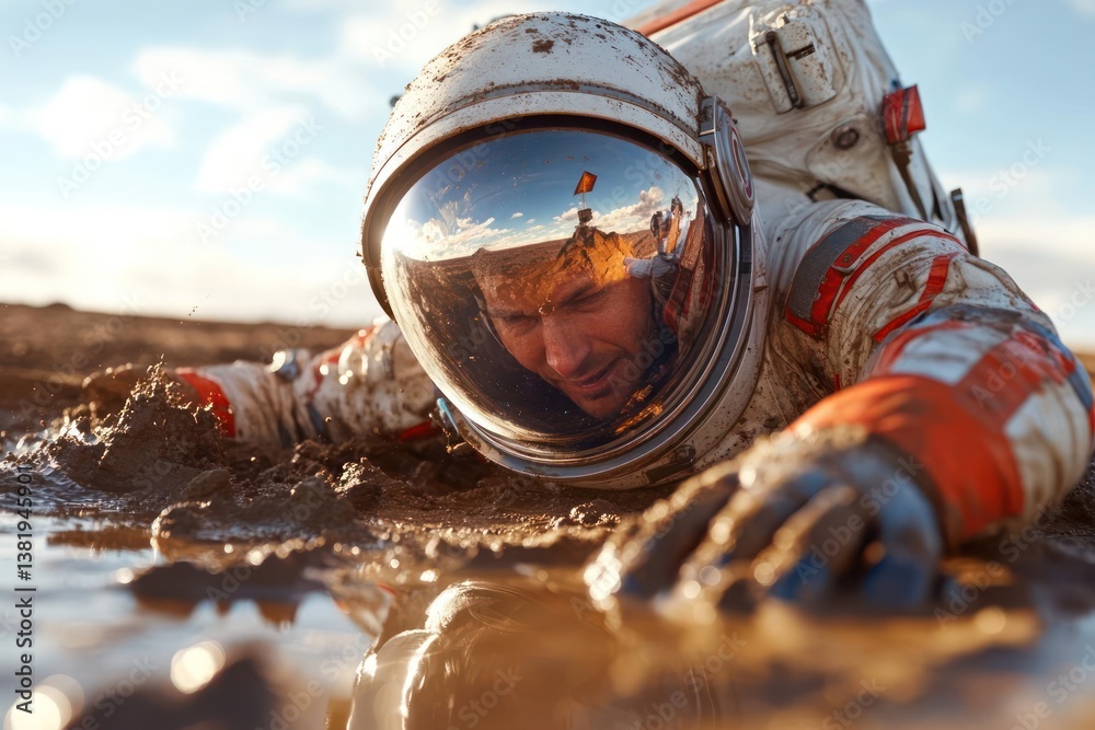 Poster Astronaut in white and orange spacesuit crawling through muddy puddle under a bright sky reflection on helmet