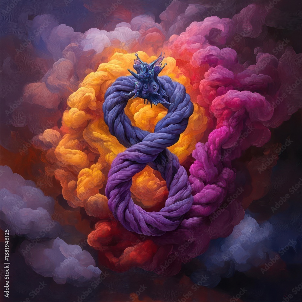 Poster an abstract image of a stylized infinity symbol formed from twisted purple rope centered against a s