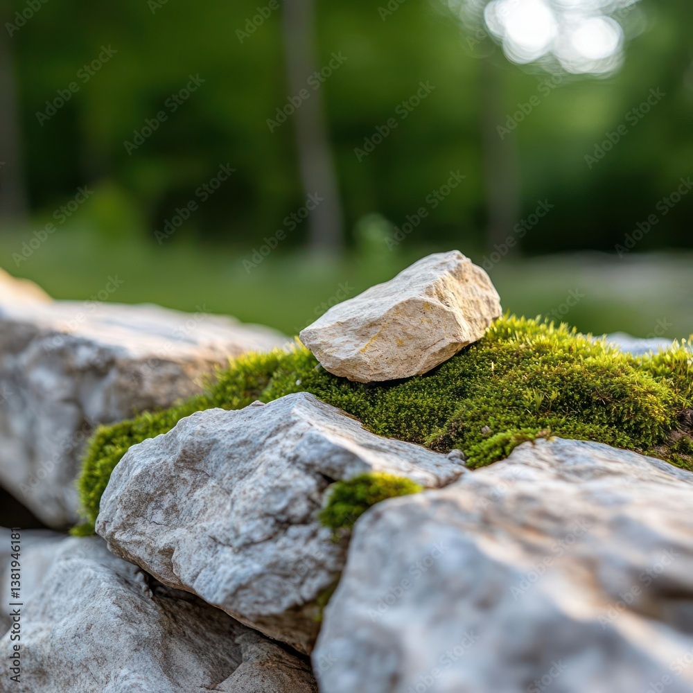 Aufkleber close up stone wall with green moss a single stone on top and blurred trees in background in a sunny