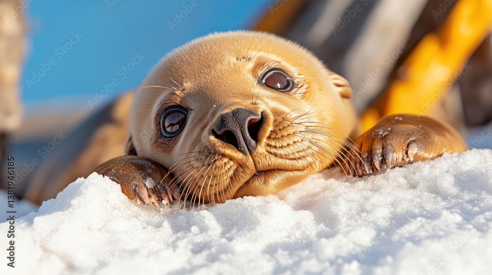 Poster close up view of a young seal cub resting on a bed of snow with light brown fur and dark eyes with s