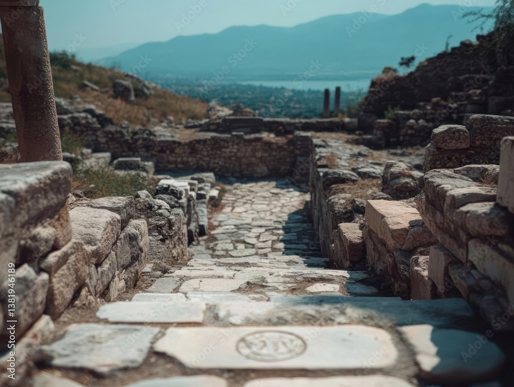 Aufkleber Ancient stone pathway leading to a distant landscape with hills and a lake under a bright sky. Ruins and structures are in the foreground