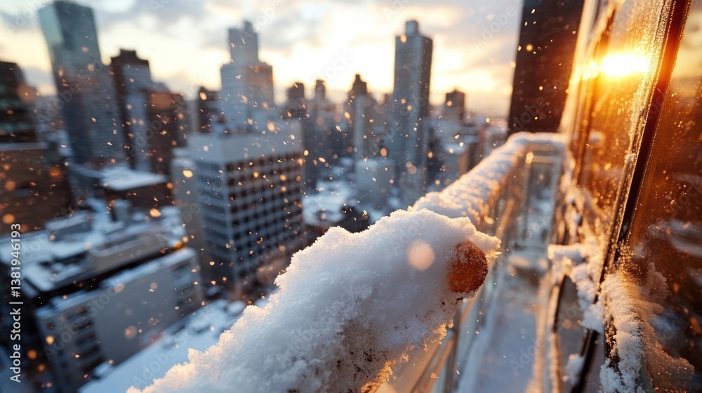 Aufkleber snow covered railing on a skyscraper balcony overlooking a cityscape during a sunset with falling sn