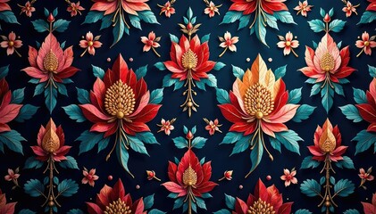Intricate floral damask wallpaper in rich jewel tones, scroll, design